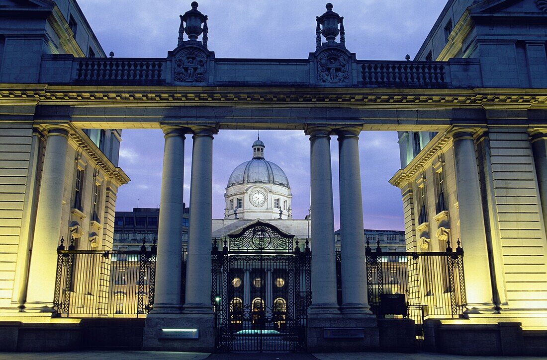 View of illuminated government building, Dublin, Ireland
