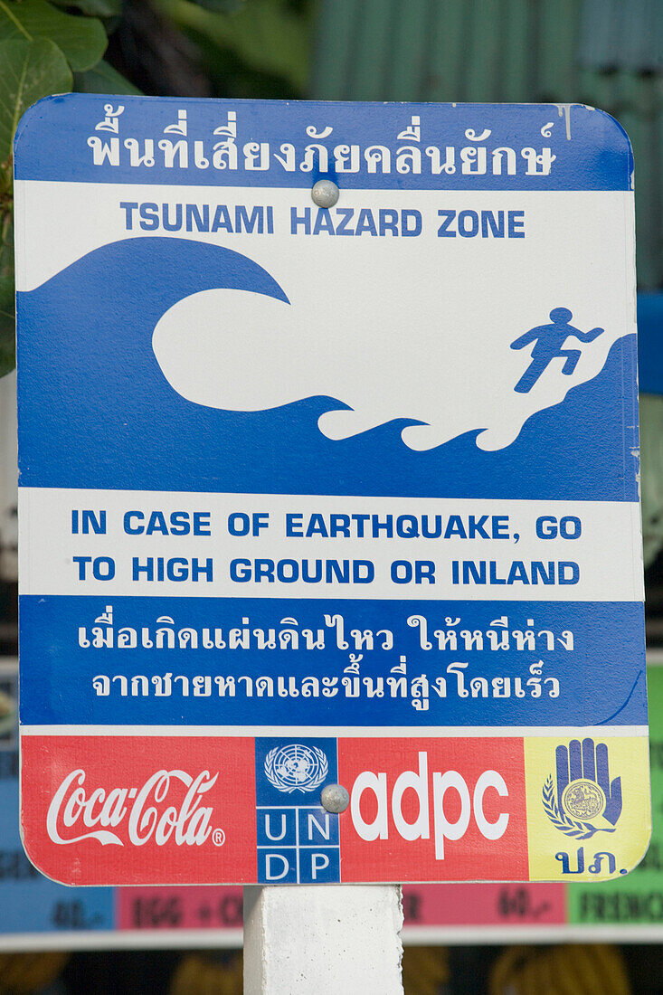Close-up of a tsunami danger sign, Ko Phi Phi Don, Ko Phi Phi Island, Krabi, Thailand, after the tsunami
