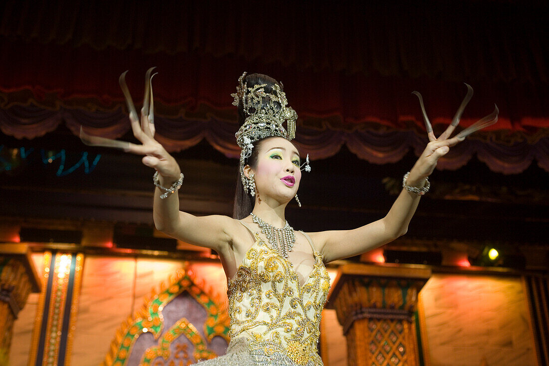 Performance of the song "Amazing Thailand" on stage of the Simon Cabaret, a famous Transvestite Cabaret, Patong Beach, Ao Patong, Hat Patong, Phuket, Thailand