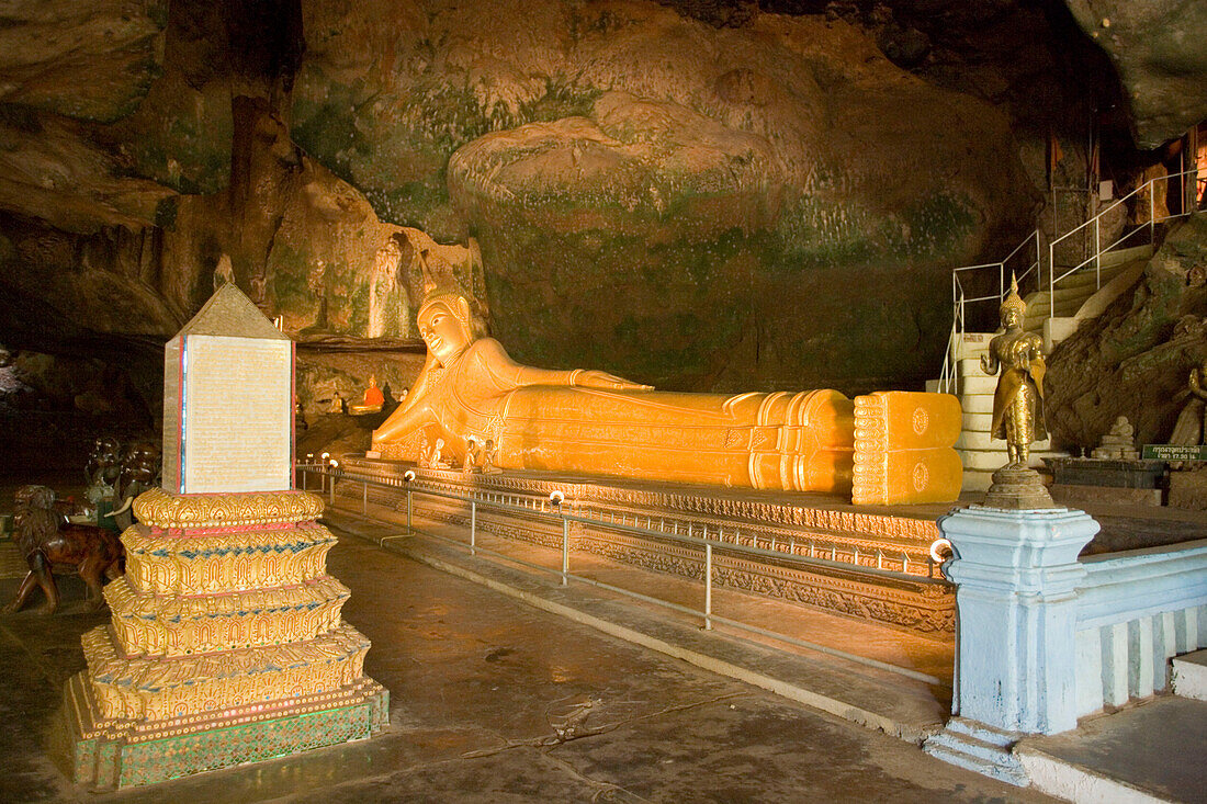 Gilded Reclining Buddha in a cave, 15 m Wat Tham Suwankhuha, Heaven Grotto Temple, Phang Nga, Thailand