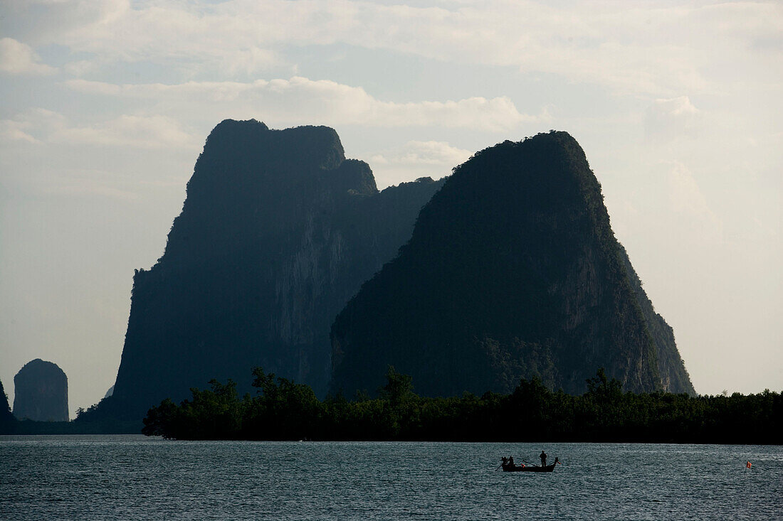 Fishing boat, Cliffy scenery, Phang-Nga Bay, Ao Phang Nga Nation Park, Phang Nga, Thailand