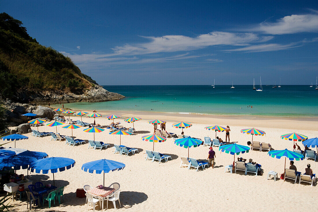 View over Nai Harn Beach with sunloungers and parasols, Hat Nai Han, Phuket, Thailand, after the tsunami