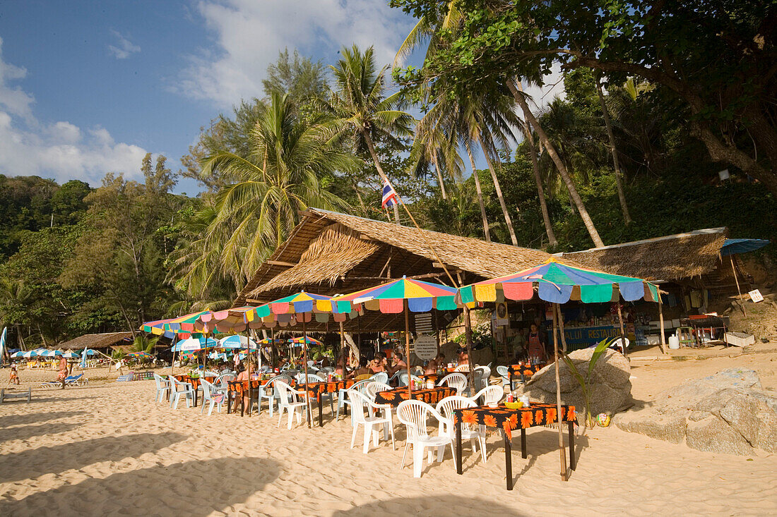 View over Laem Singh Beach with beach bar, between Hat Surin and Hat Kamala, Phuket, Thailand, after the tsunami