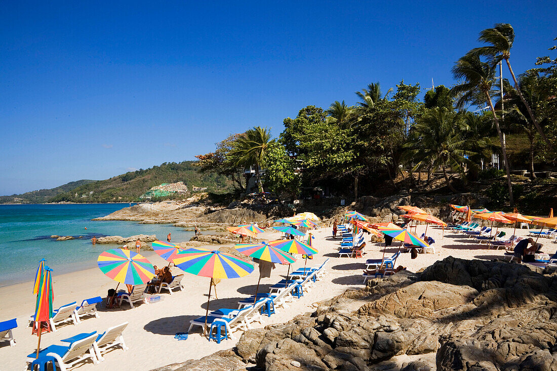 View over Kalim Beach with sunlounges and parasols, Hat Kalim, Ao Patong, Phuket, Thailand, after the tsunami