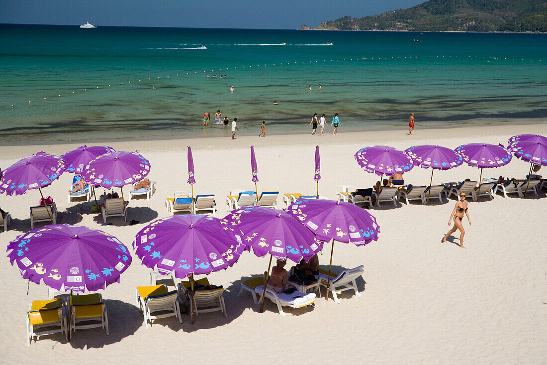 View over Kalim Beach with sunlounges and parasols, Hat Kalim, Ao Patong, Phuket, Thailand, after the tsunami