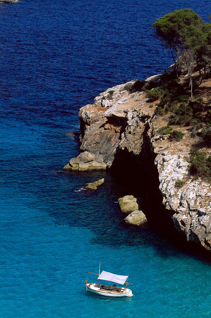 Boat near the bay Cala S'Amonia, near Santanyi, Mallorca, Spain