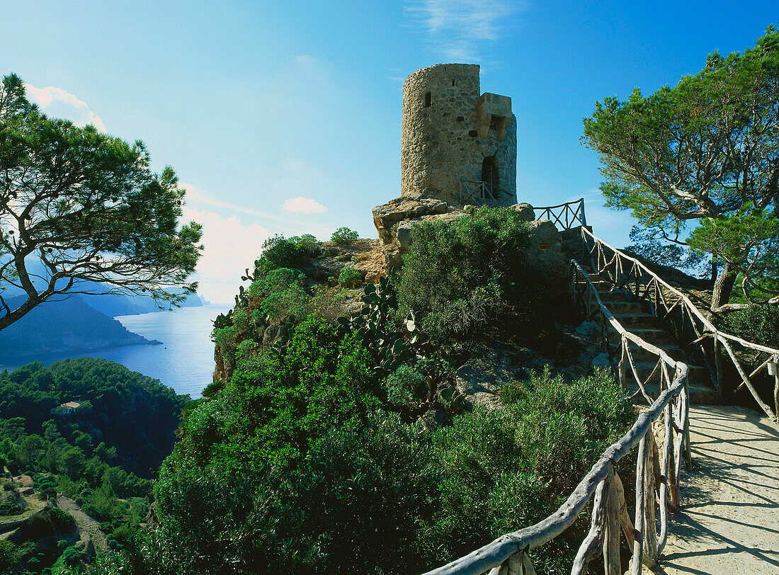 View of tower, Torre de Ses Animes bei Banyalbufar, Northwest Coast, Mallorca, Spain