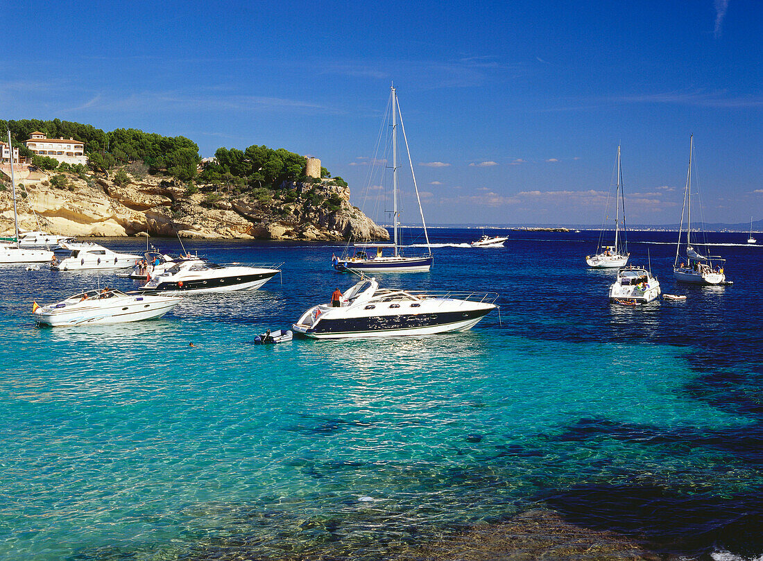 Boats in the Bay Cala Portals Vells, near Portals Vells, Costa de Calvia, Bahia de Palma, Mallorca, Spain