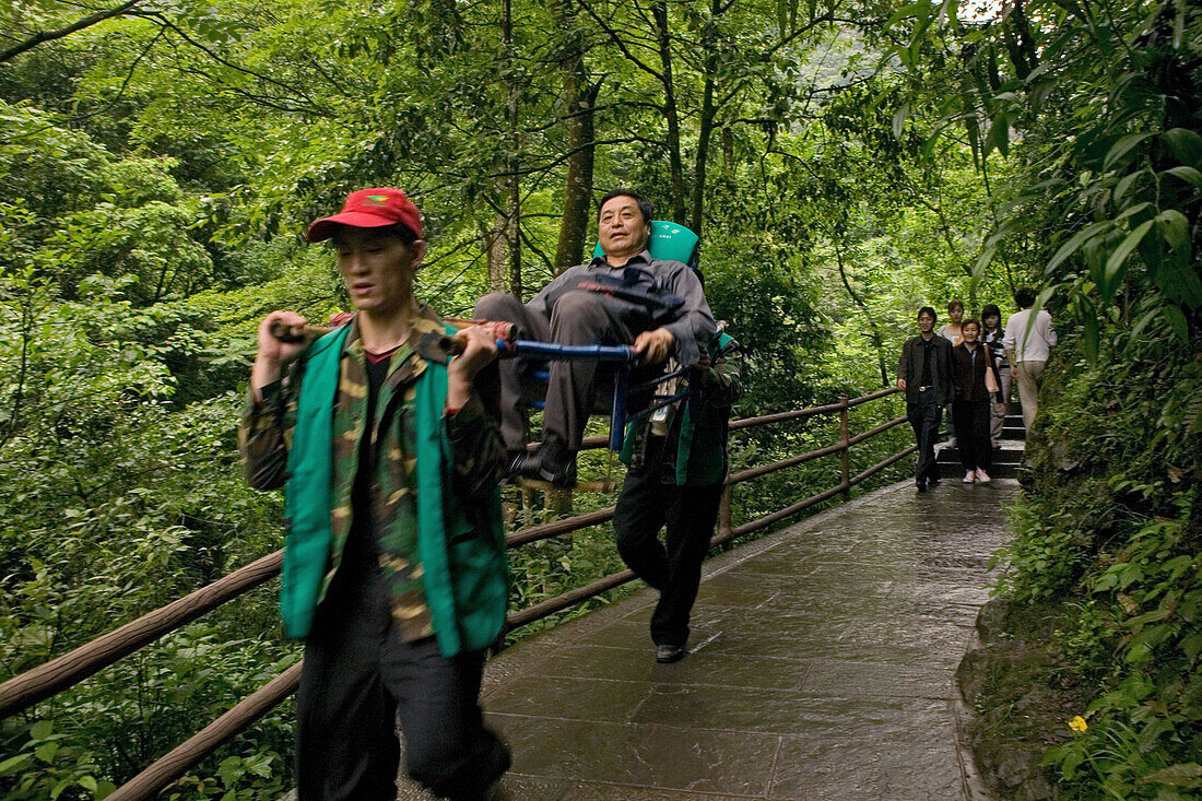 path and stairs, porters with sedan chairs, mountains, Emei Shan, China, Asia, World Heritage Site, UNESCO