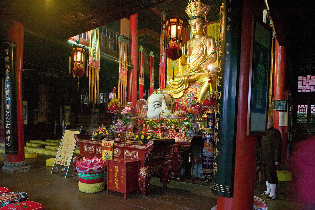 Goldene Buddhastatue mit weissem Elefant, Wannian Kloster, Emei Shan, Provinz Sichuan, China, Asien