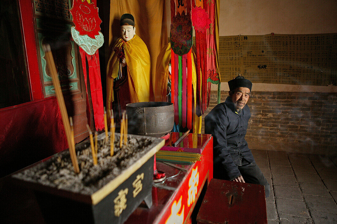 Interior view of the temple inside the hanging monastery, Heng Shan North, Shanxi province, China, Asia