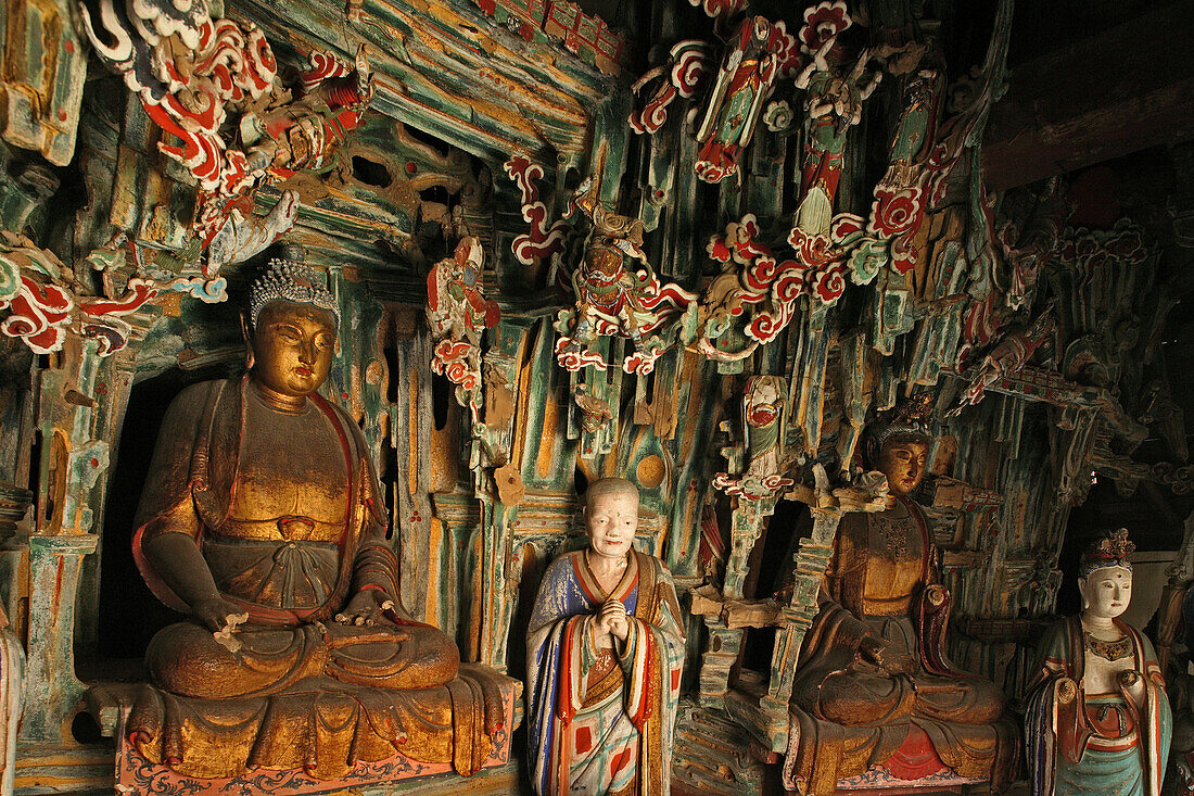 Statues of Buddha and Shakyamuni, Hanging Monastery, Heng Shan North, Shanxi province, China, Asia