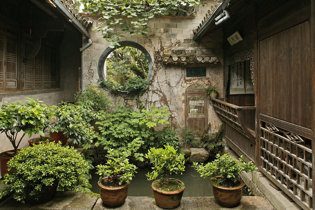 traditional courtyard with pot plants, Huizhou architecture, Hongcun, ancient village, living museum, Ming, China, Asia, World Heritage Site, UNESCO