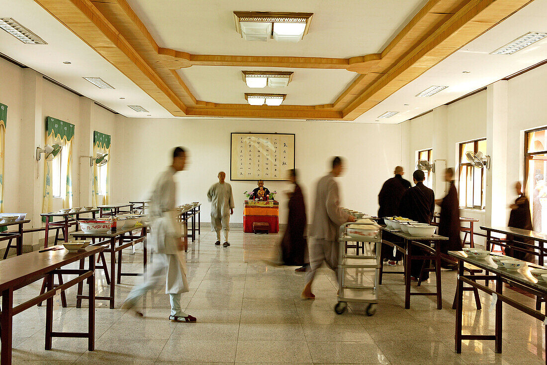 People at dining hall at the Buddhist College, Jiuhua Shan, Anhui province, China, Asia