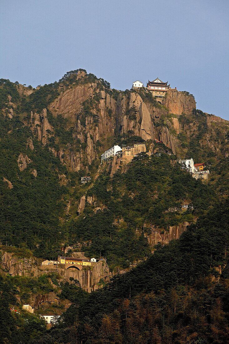 View at monasteries at a mountainside, Jiuhua Shan, Anhui province, China, Asia