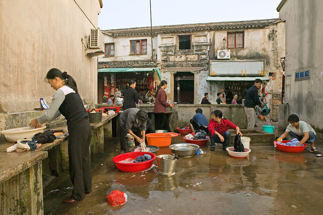 public community outdoor laundry, Buddhist Island of Putuo Shan near Shanghai, Zhejiang Province, East China Sea, China, Asia