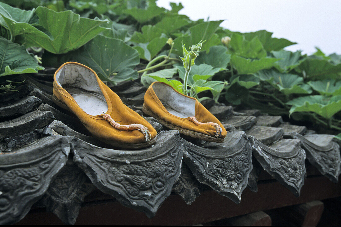 Shoes from a Shaolin monk drying on the roof of Shaolin Monastery, known for Shaolin boxing, Taoist Buddhist mountain, Song Shan, Henan province, China