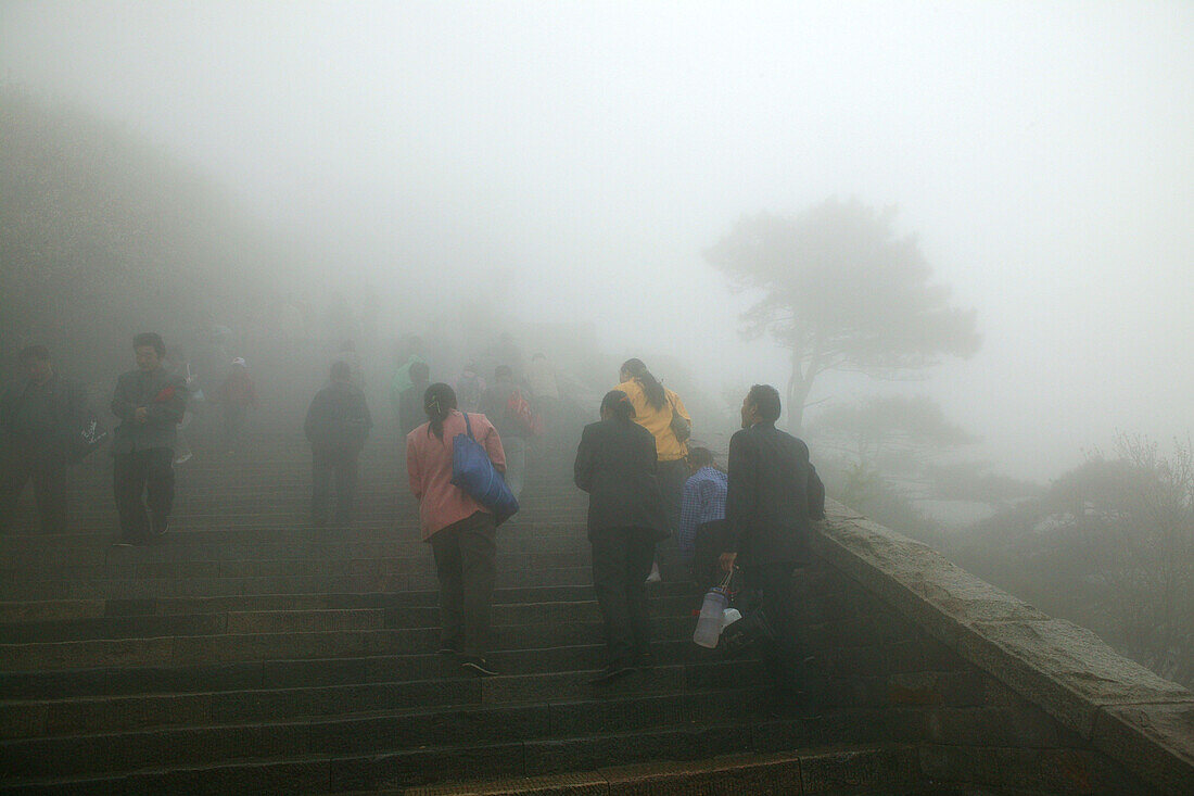 Pilgrims, tourists in rain capes near the entrance to Bixia Si temple in fog, Tai Shan, Shandong province, World Heritage, UNESCO, China