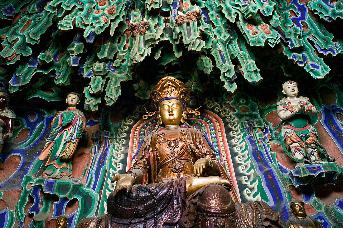 Grand Hall, Manjushri Temple with Buddha statue, Mount Wutai, Wutai Shan, Five Terrace Mountain, Buddhist Centre, town of Taihuai, Shanxi province, China