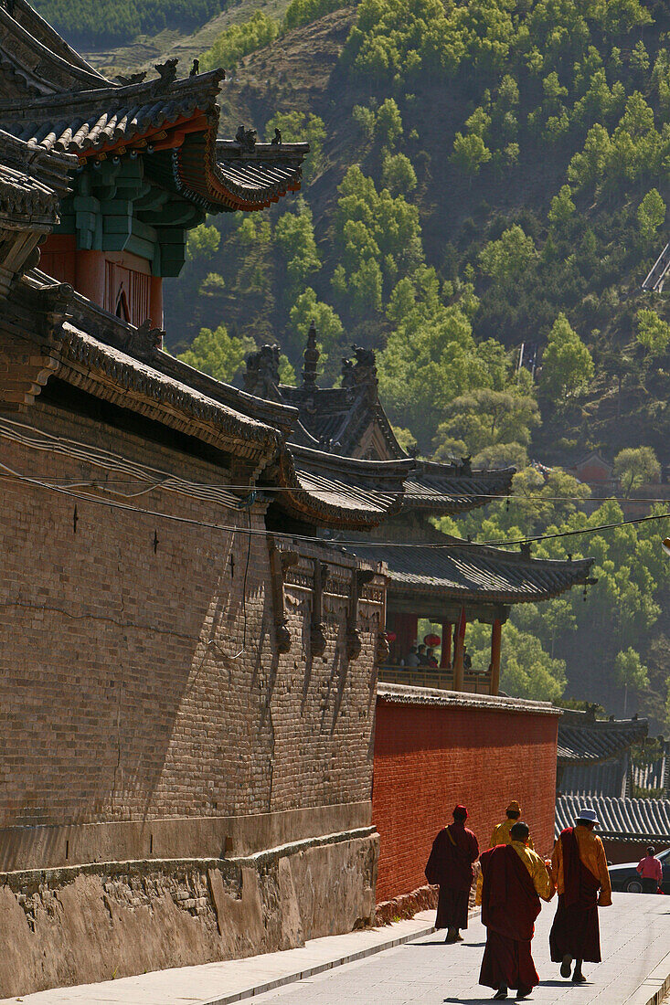 high walls of Xiantong monastery, buddhist monks, courtyard, during birthday of Wenshu, Xiantong Monastery, Wutai Shan, Five Terrace Mountain, Buddhist Centre, town of Taihuai, Shanxi province, China, Asia