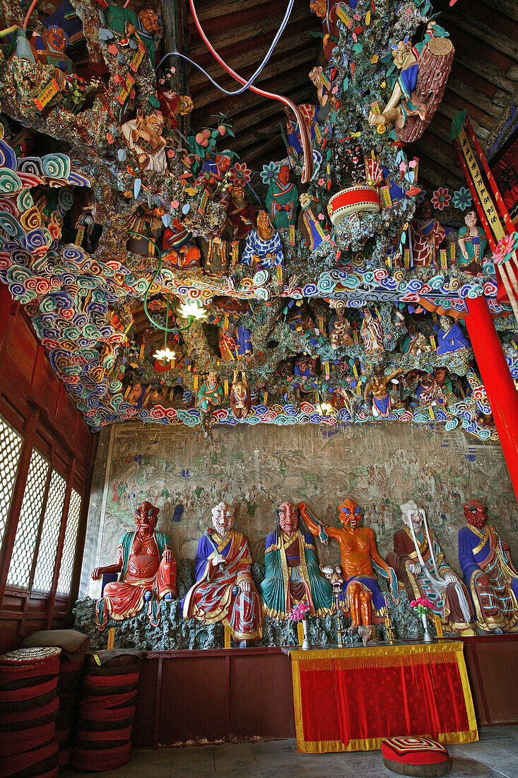 Demons and wood carvings on the ceiling of the summit temple, Southern Terrace, Mount Wutai, Wutai Shan, Five Terrace Mountain, Buddhist Centre, Shanxi province, China