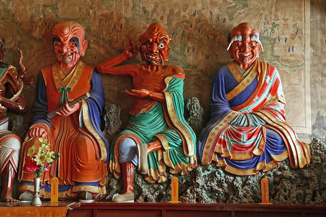 demons, wood carving, summit temple, Southern Terrace, Wutai Shan, Five Terrace Mountain, Buddhist Centre, Shanxi province, China, Asia
