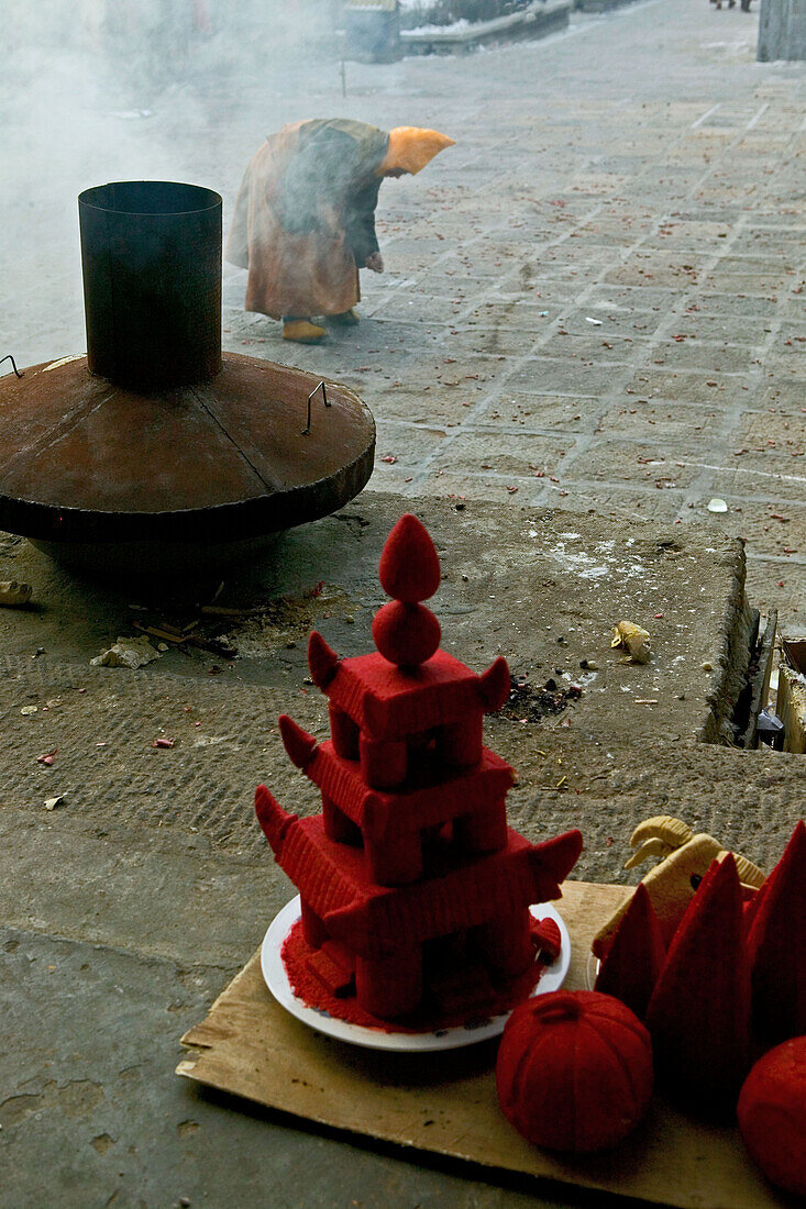offerings modelled from red dough, Pusa Ting Temple, Monastery, Wutai Shan, Five Terrace Mountain, Buddhist centre, town of Taihuai, Shanxi province, China, Asia