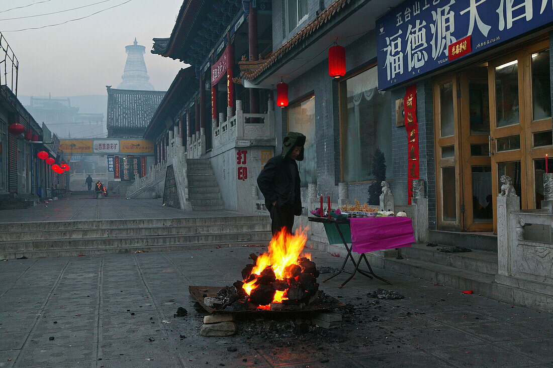 Chinese New Year Festival with bonfire, fire, Taihuai, Mount Wutai, Wutai Shan, Shanxi province, China