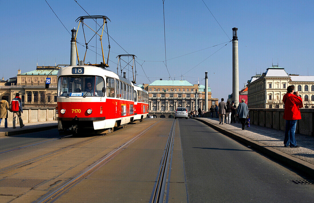 Manesuv Bridge and tram, Josefov, Prague, Czech Republic