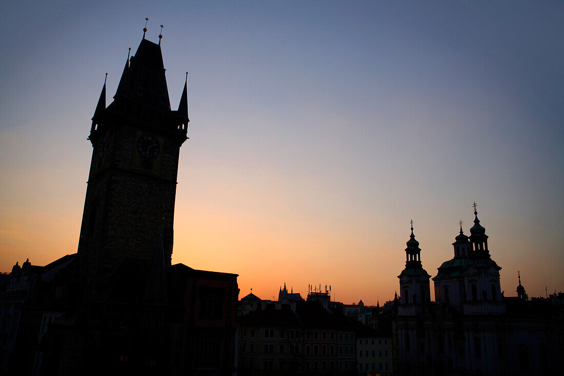 Silhouette of the town Hall and St. Nicholas Church, Old Town Square, Prague, Czech Republic