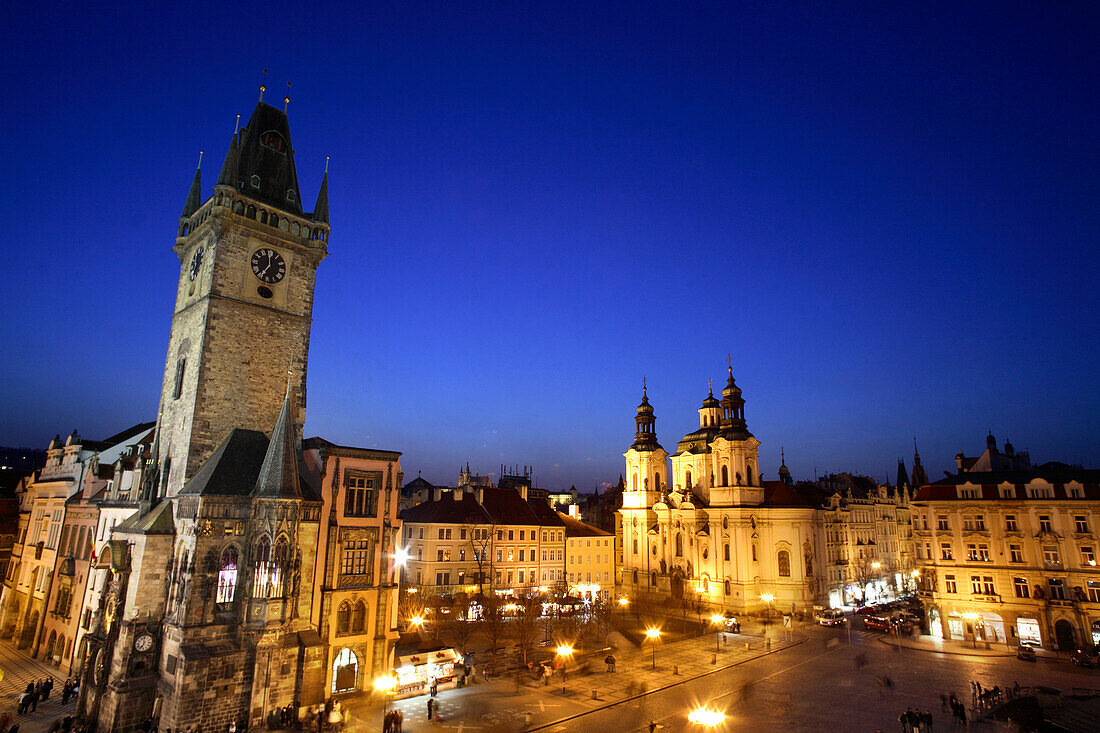 Old town hall and St Nicholas church at night, Staromestske Namesti, Old Town Square, Stare Mesto, Prague, Czech Republic