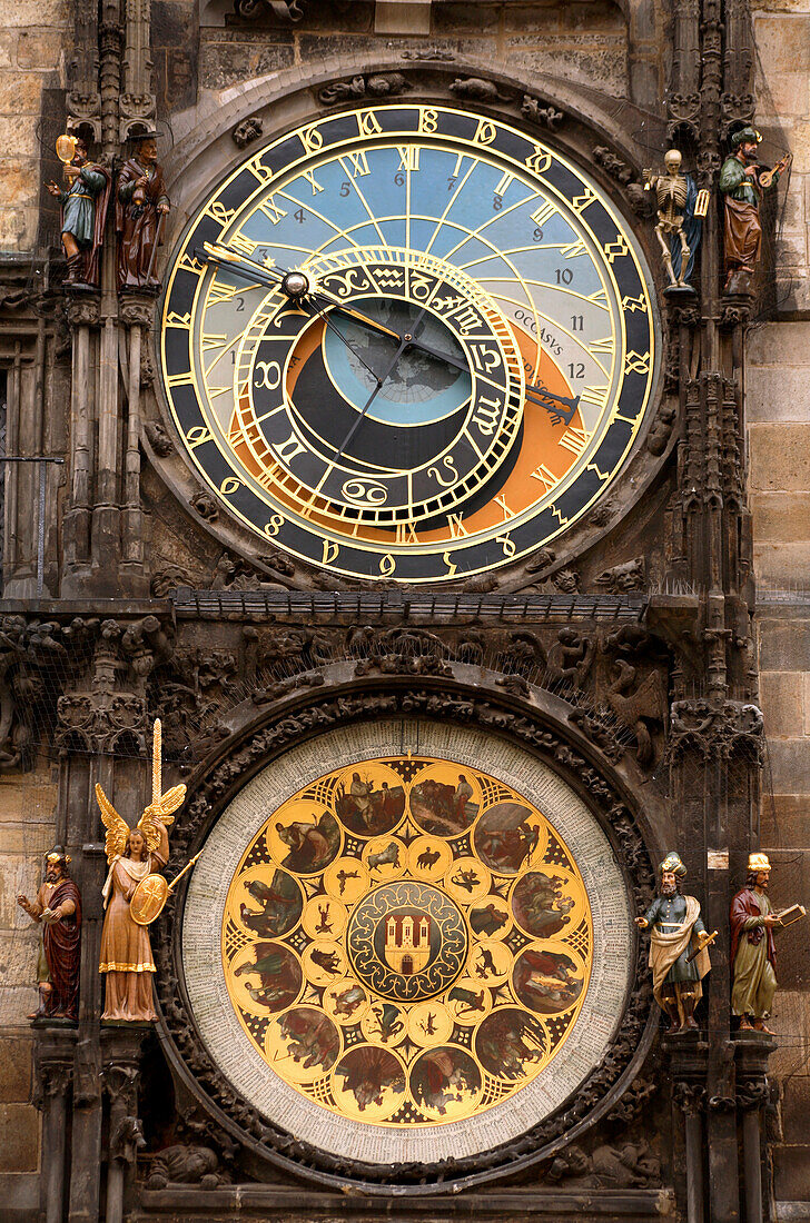 Close up of the astronomical clock, Old Town Hall, Old Town Square, Staromestske Namesti, Stare Mesto, Prague, Czech Republic