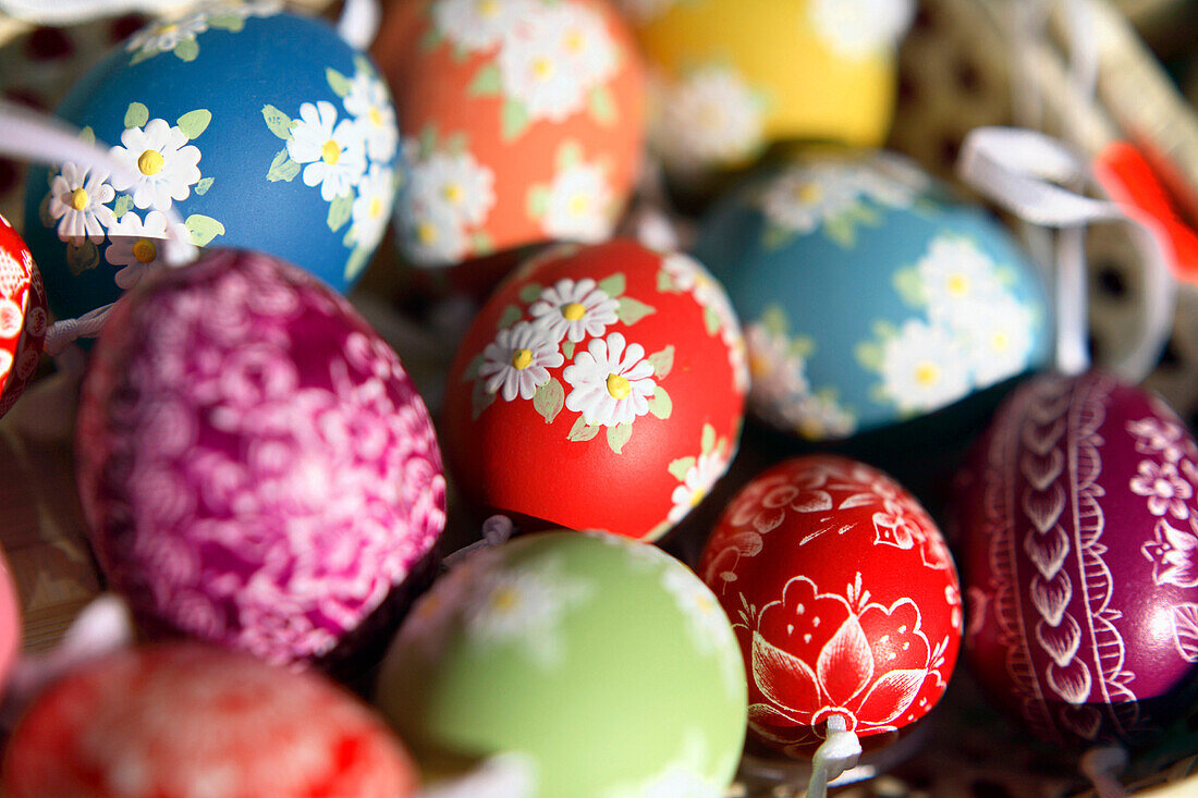 Close up of Easter Eggs at the Easter Market, Old Town Square, Staromestske Namesti, Stare Mesto, Prague, Czech Republic