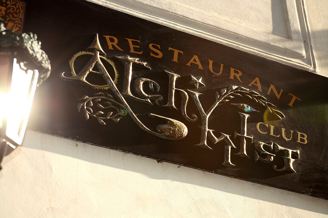 Close up of a sign for the Alchymist Restaurant, Mala Strana, Little Quarter, Prague, Czech Republic