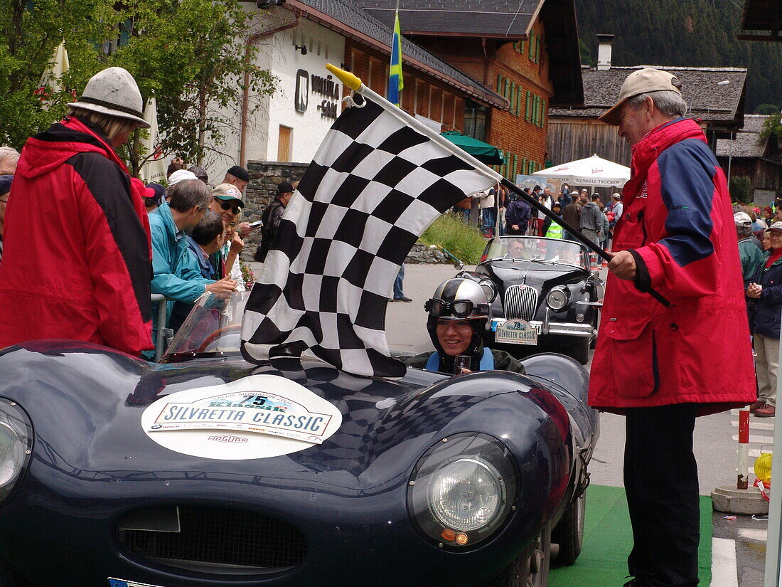 Silvretta Classic Rallye Montafon, 10.07.2004 , at the finishing line in Partenen , Jaguar D-Type, 307PS, Bj.1955