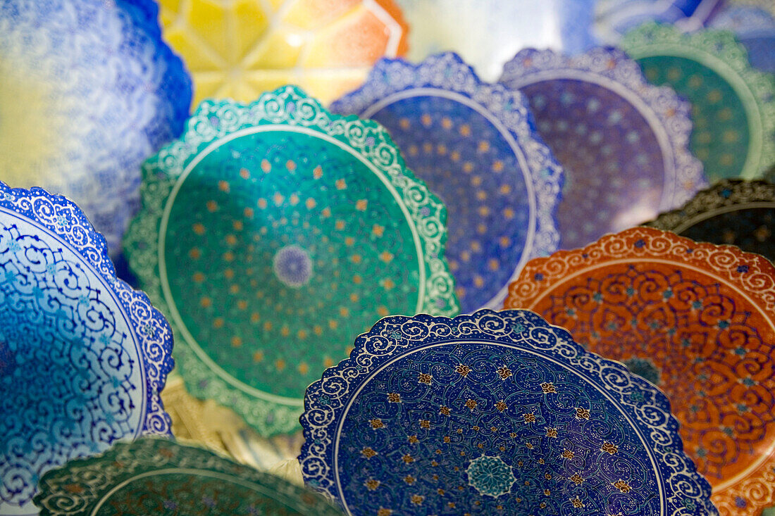 Colorful Enamelled Copperware Plates, The Royal Bazaar, Esfahan, Iran