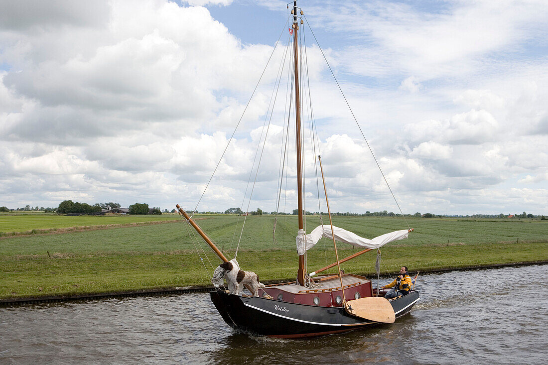 Hund auf einem Segelboot, Noorder Oudeweg Wasserweg, in der Nähe von Joure, Friesische Seen, Niederlande