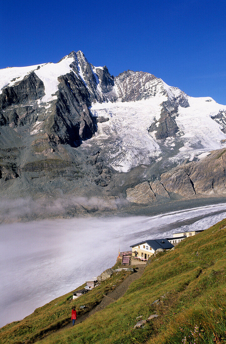 Hoffmanns hut with the Pasterze glacier and grossglockner, Glockner range, Hohe Tauern national park, Carinthia, Austria