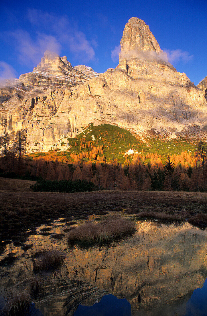 Monte Pelmo with reflection in a small moorland lake, Dolomites, Venezia, Italy