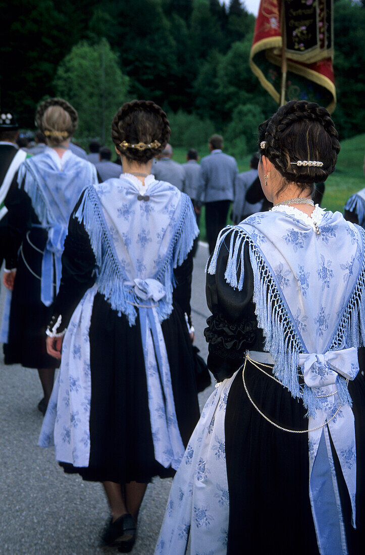 Women wearing dirndl dresses, pilgrimage to Maria Eck, Siegsdorf, Chiemgau, Upper Bavaria, Bavaria, Germany