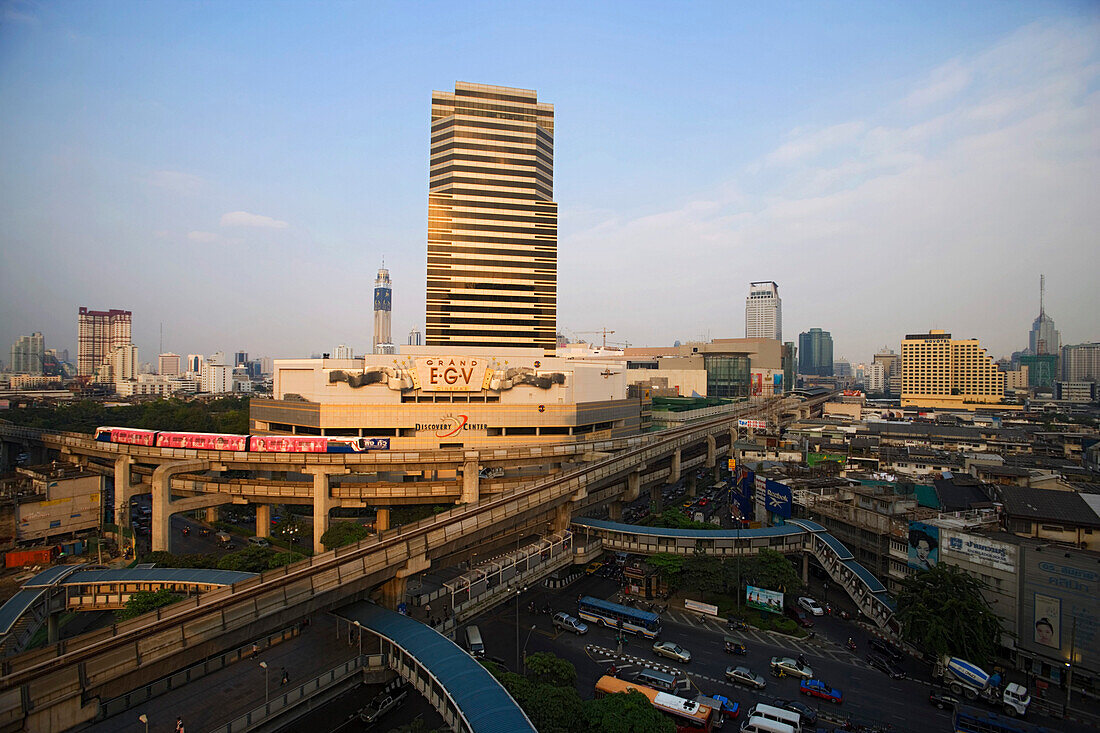 View over Siam Square with Skytrain, Siam Discovery Center and Siam Paragon Shopping Mall, Pathum Wan district, Bangkok, Thailand