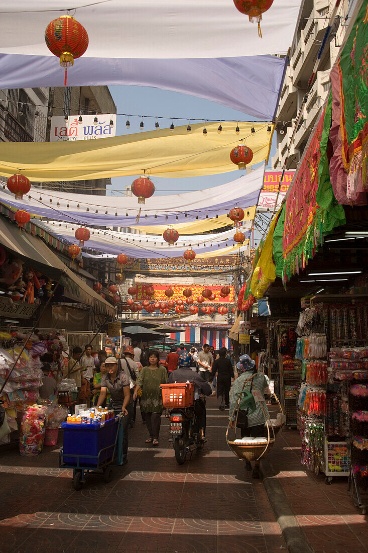 View inside a shopping street of Chinatown, Bangkok's oldest residentail and business district, Bangkok, Thailand