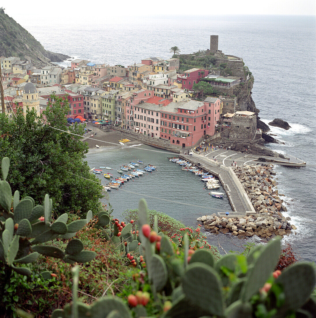 Blick auf die kleine Hafenstadt Vernazza, Cinque Terre, Italien