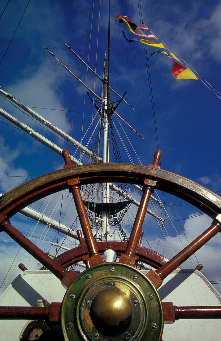 Close up of a sailing ship, Gorch Fock I, at Stralsund harbour, Mecklenburg-Pomerania, Germany, Europe