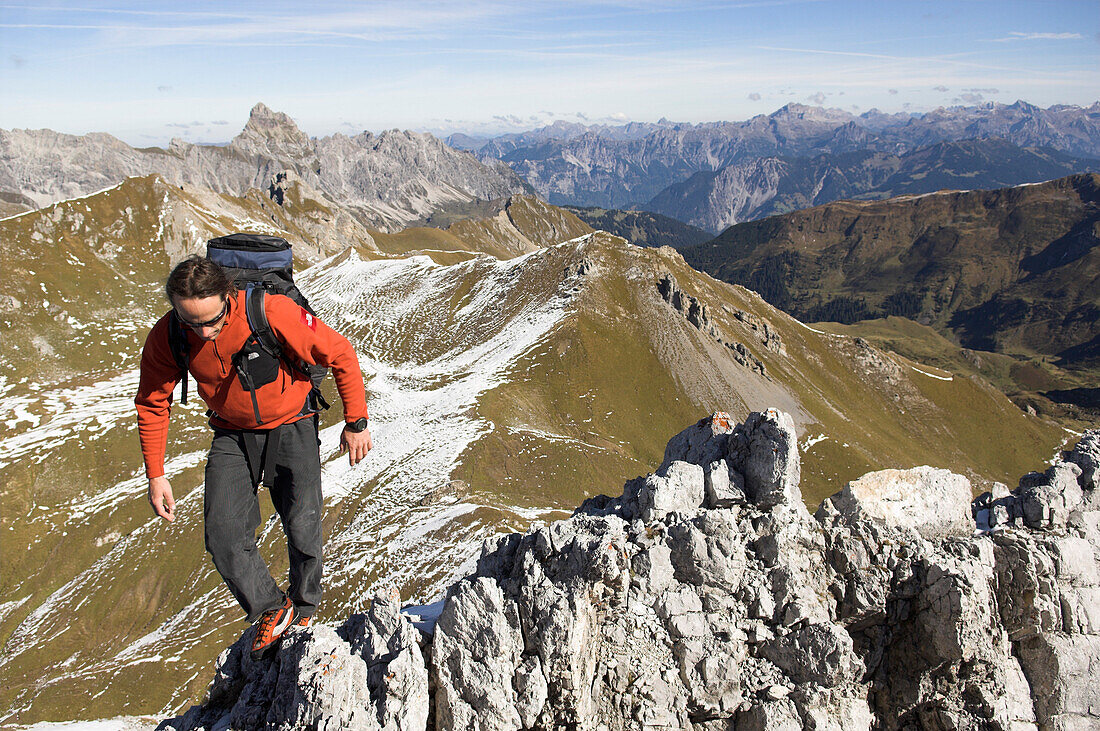 Hiker on ridge, Raetikon, Switzerland