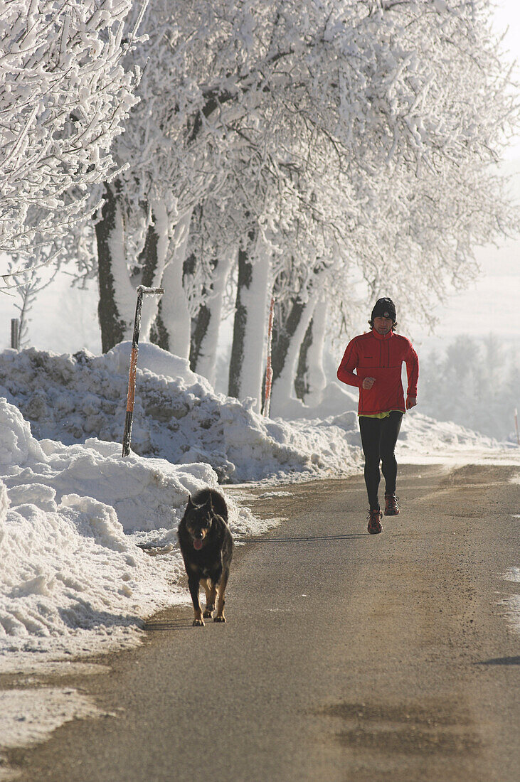 Läufer mit Hund im Winter, Oberösterreich