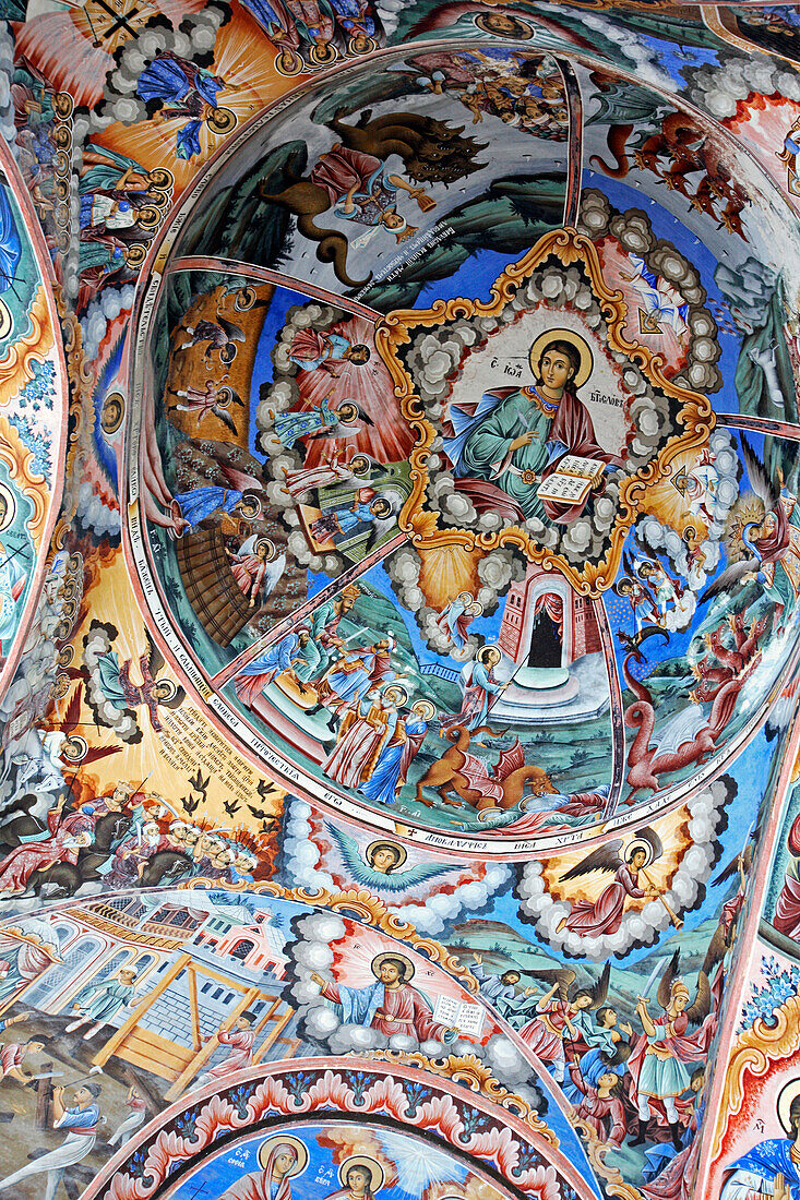 Stilstudie, Detail der Fresken in der Säulenhalle der Klosterkirche Kloster Rila. Rila Gebirge, Bulgarien, Europa