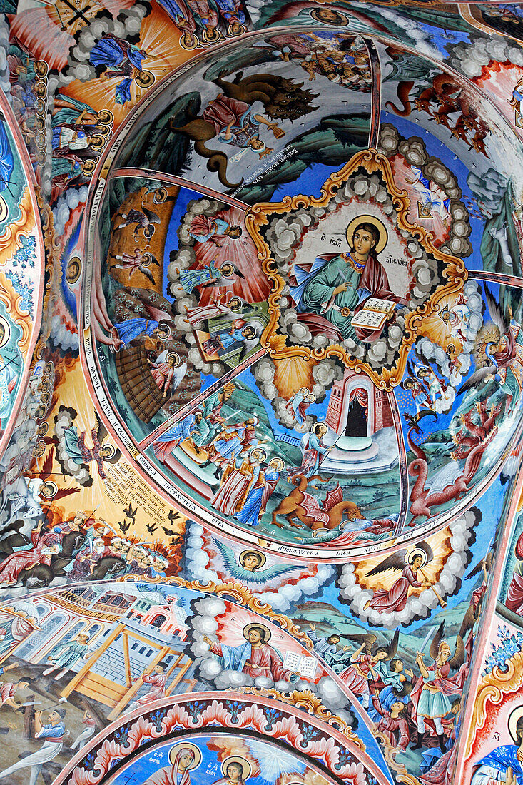 Study, detail of the religious paintings in the church of the Rila Monastery, Rila Mountains, Bulgaria, Europe