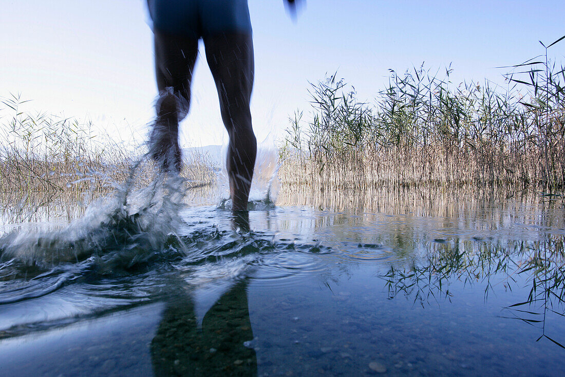 Male swimmer running into the water, Lake Staffelsee, Bavaria, Germany