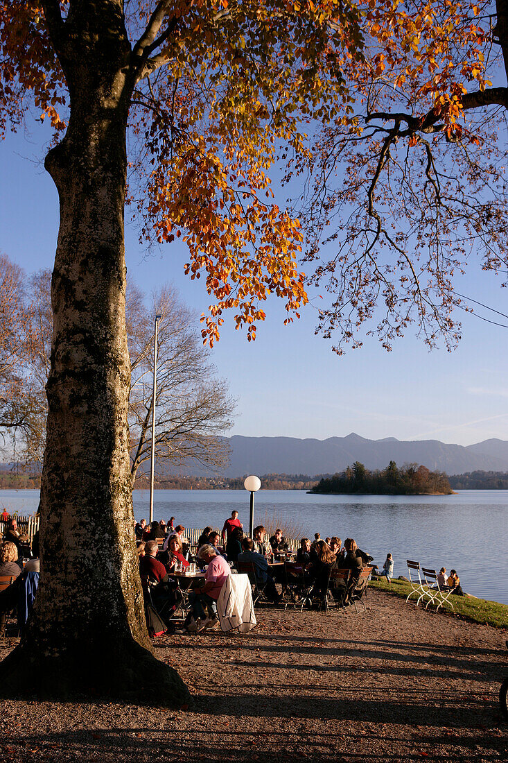 People sitting in a beer garden, with view of the alps, Uffing, Lake Staffelsee,  Bavaria, Germany